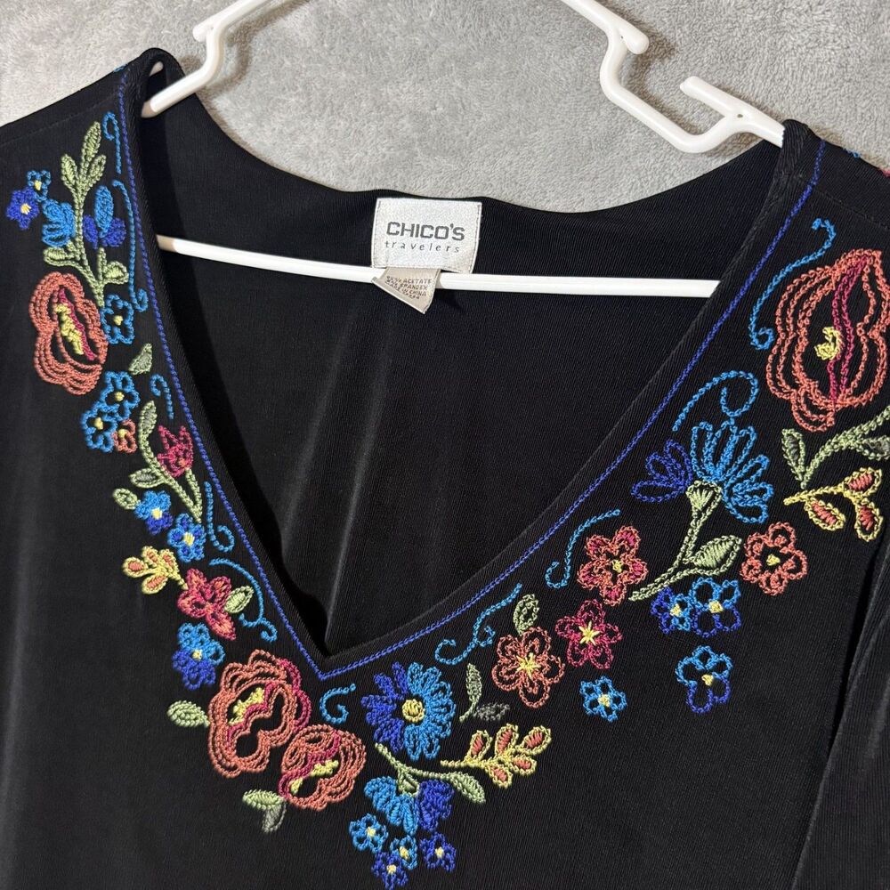 Chicos Travelers Womens 3 Black XL Floral Embroidered 3/4 Sleeve Stretch Top - Picture 4 of 7